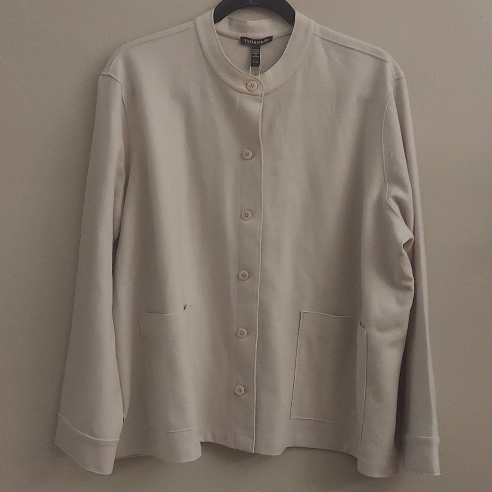 NEW EILEEN FISHER XL Wool Mandarin Collar Button Down Long Sleeve Jacket Chalk - Picture 16 of 16
